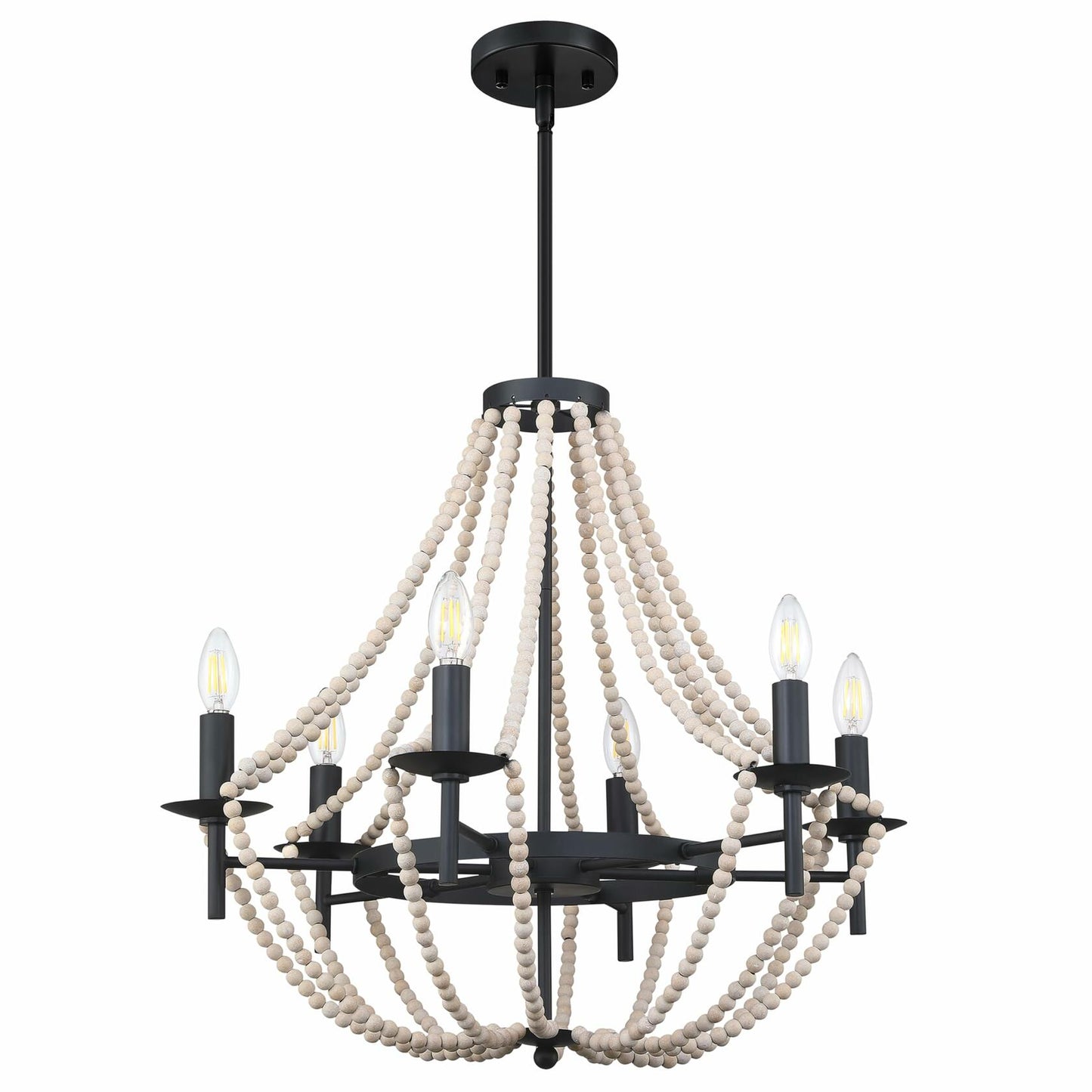 3-Light Pendant Chandelier Nature Wood Beaded Boho Black Semi Flush 12x10.5"