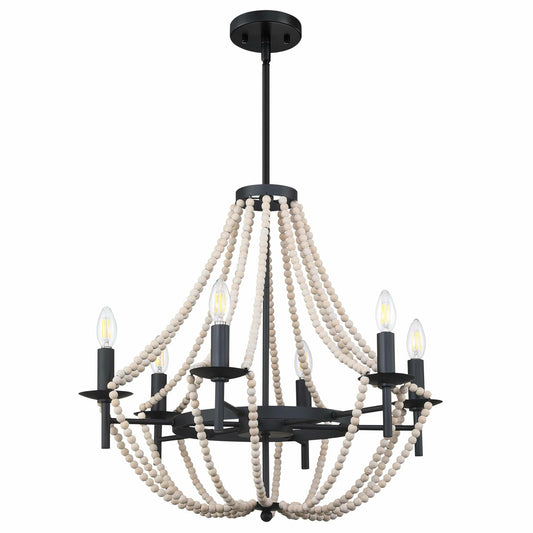 3-Light Pendant Chandelier Nature Wood Beaded Boho Black Semi Flush 12x10.5"