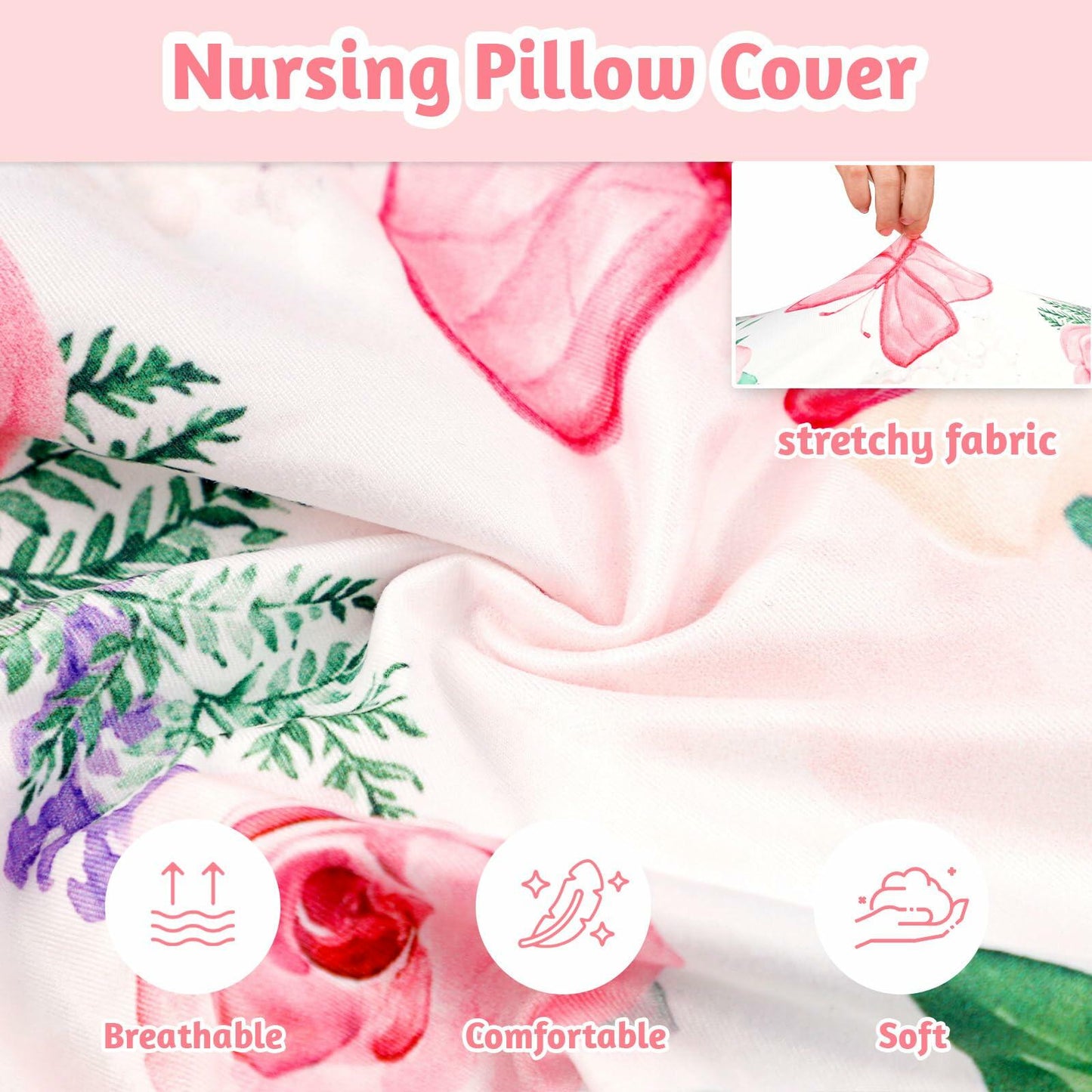 CARUILI Nursing Pillow Cover Pink Floral Ultra Soft Comfortable Only Case