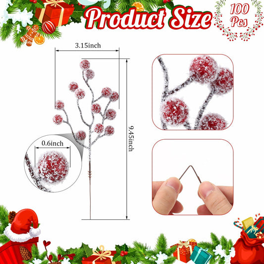 Ceenna 100 Pcs Red Frosted Berry Picks Christmas Decor Artificial Stems