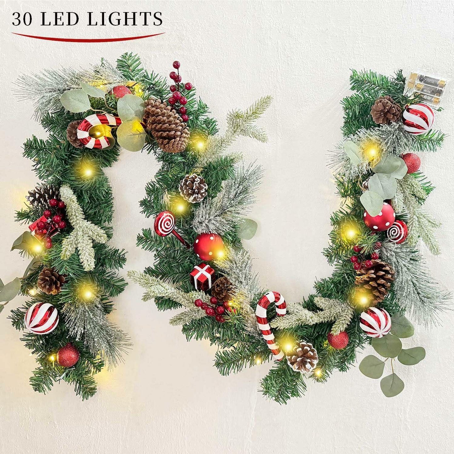 WANNA-CUL 6ft Pre-Lit Christmas Garland Red White 30 LED Battery Operated