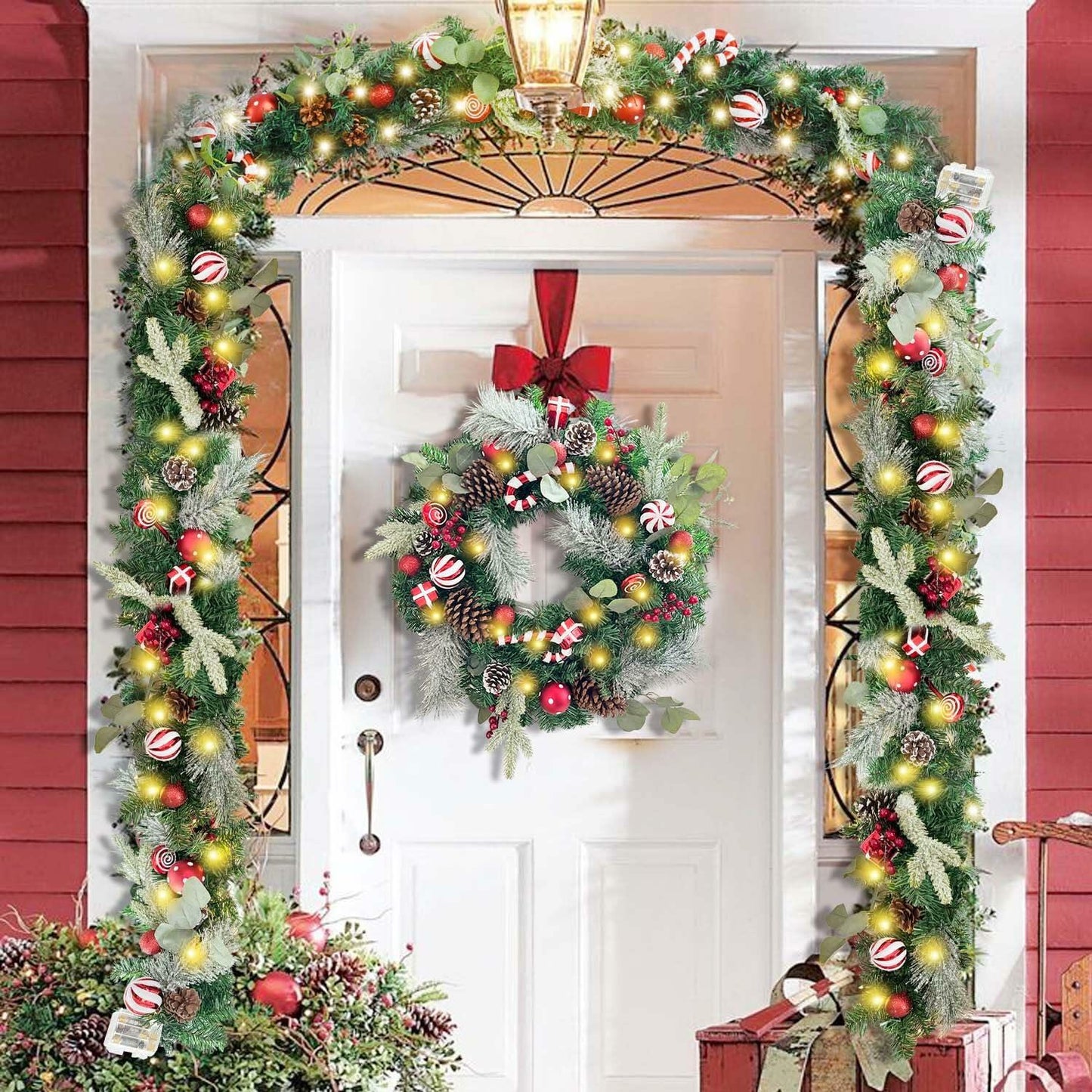 WANNA-CUL 6ft Pre-Lit Christmas Garland Red White 30 LED Battery Operated