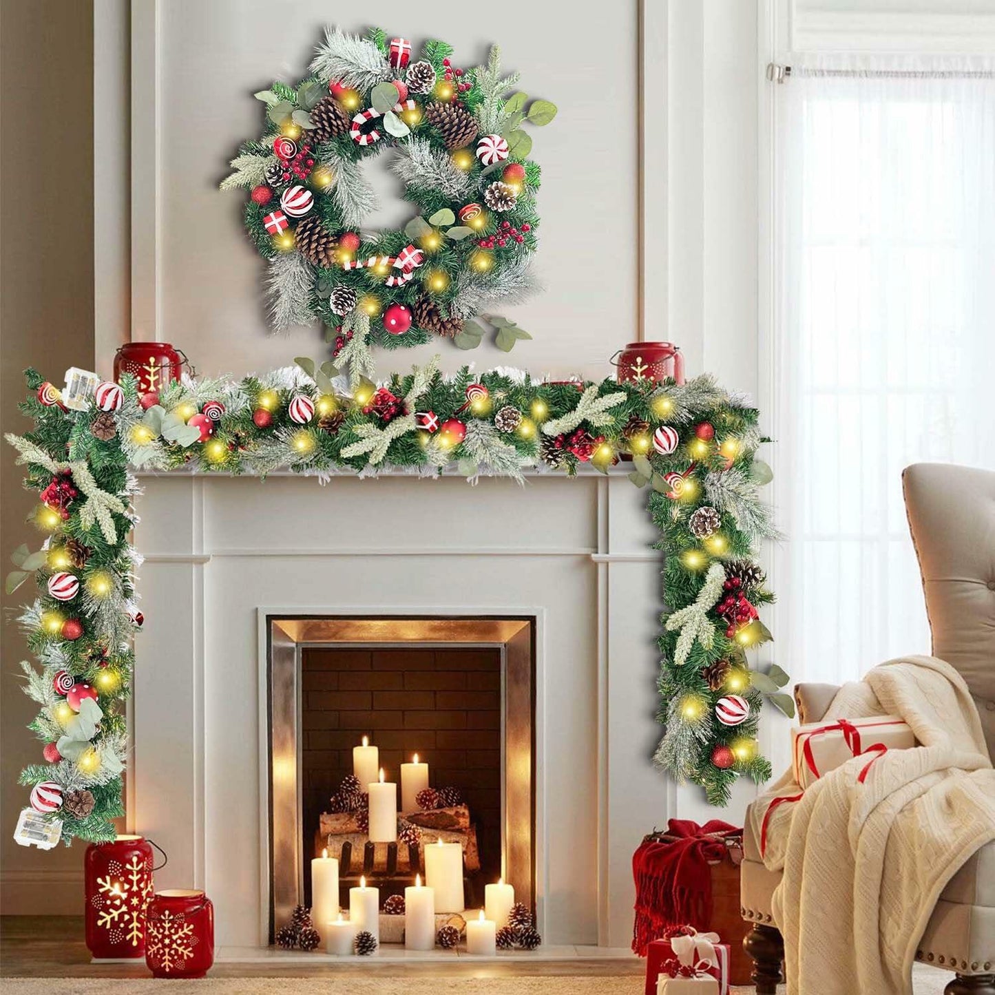 WANNA-CUL 6ft Pre-Lit Christmas Garland Red White 30 LED Battery Operated