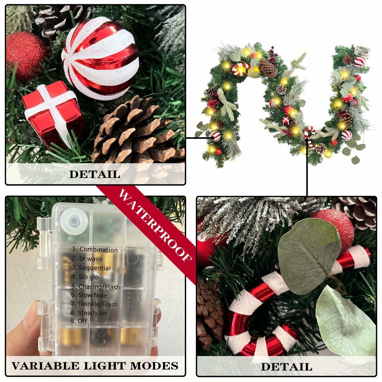 WANNA-CUL 6ft Pre-Lit Christmas Garland Red White 30 LED Battery Operated