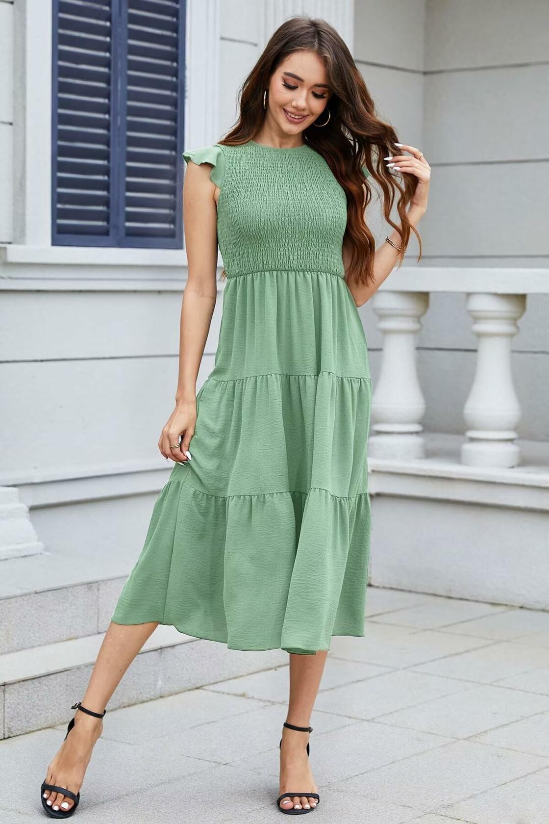 ZOOMOON Women's 2024 Army Green Maxi Dress Smocked Waist Casual Short Sleeve - L