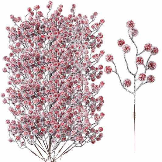 Ceenna 100 Pcs Red Frosted Berry Picks Christmas Decor Artificial Stems