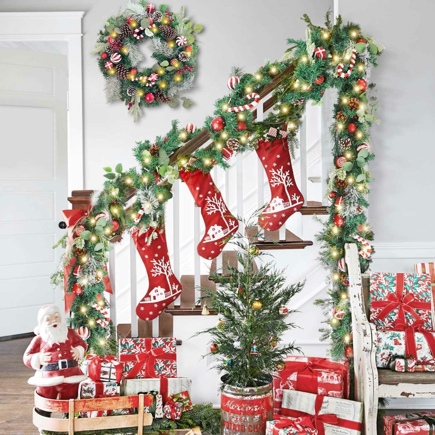 WANNA-CUL 6ft Pre-Lit Christmas Garland Red White 30 LED Battery Operated