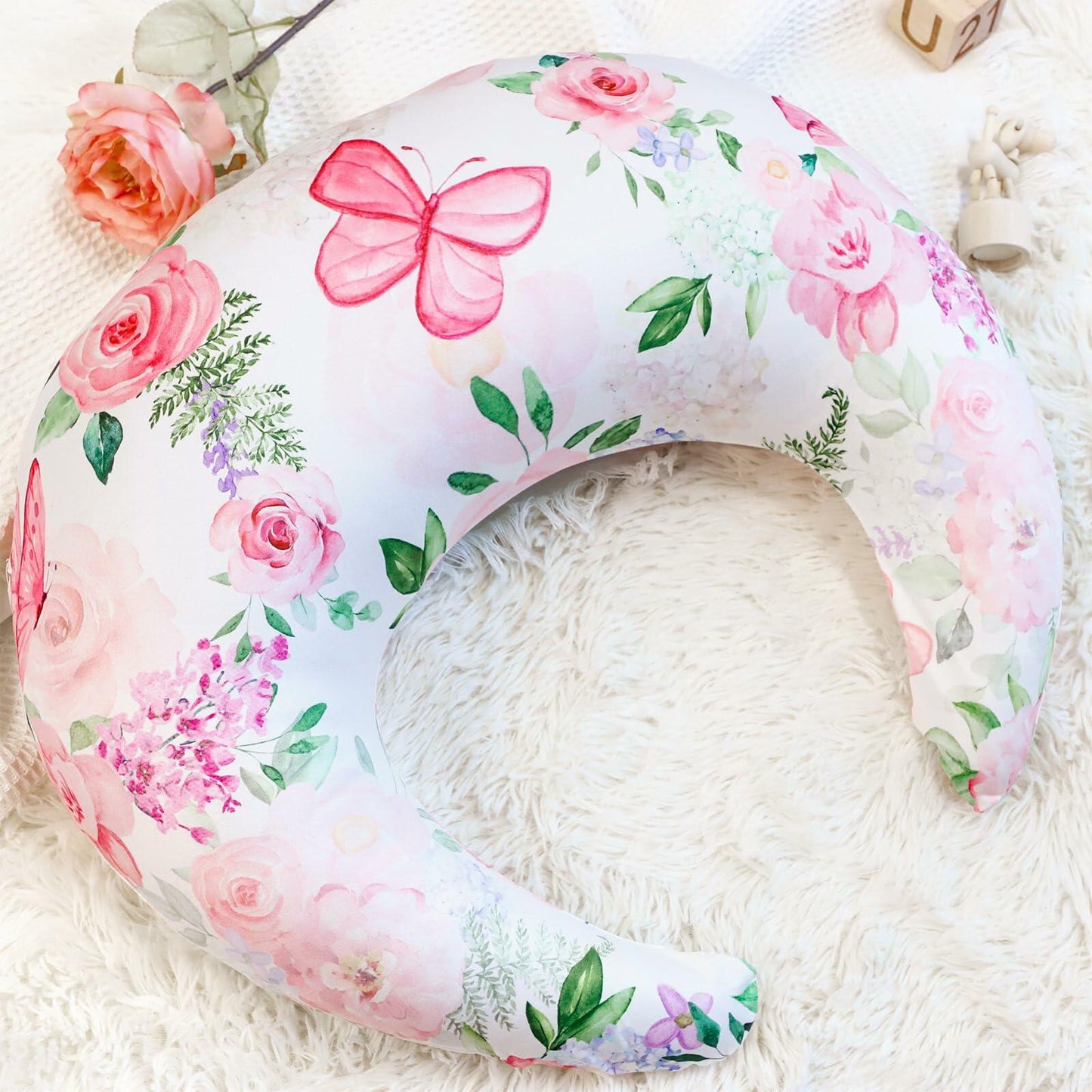 CARUILI Nursing Pillow Cover Pink Floral Ultra Soft Comfortable Only Case