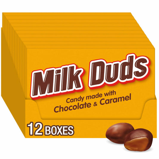BB08/25 MILK DUDS Chocolate and Caramel Candy Boxes 5 oz 12 Count