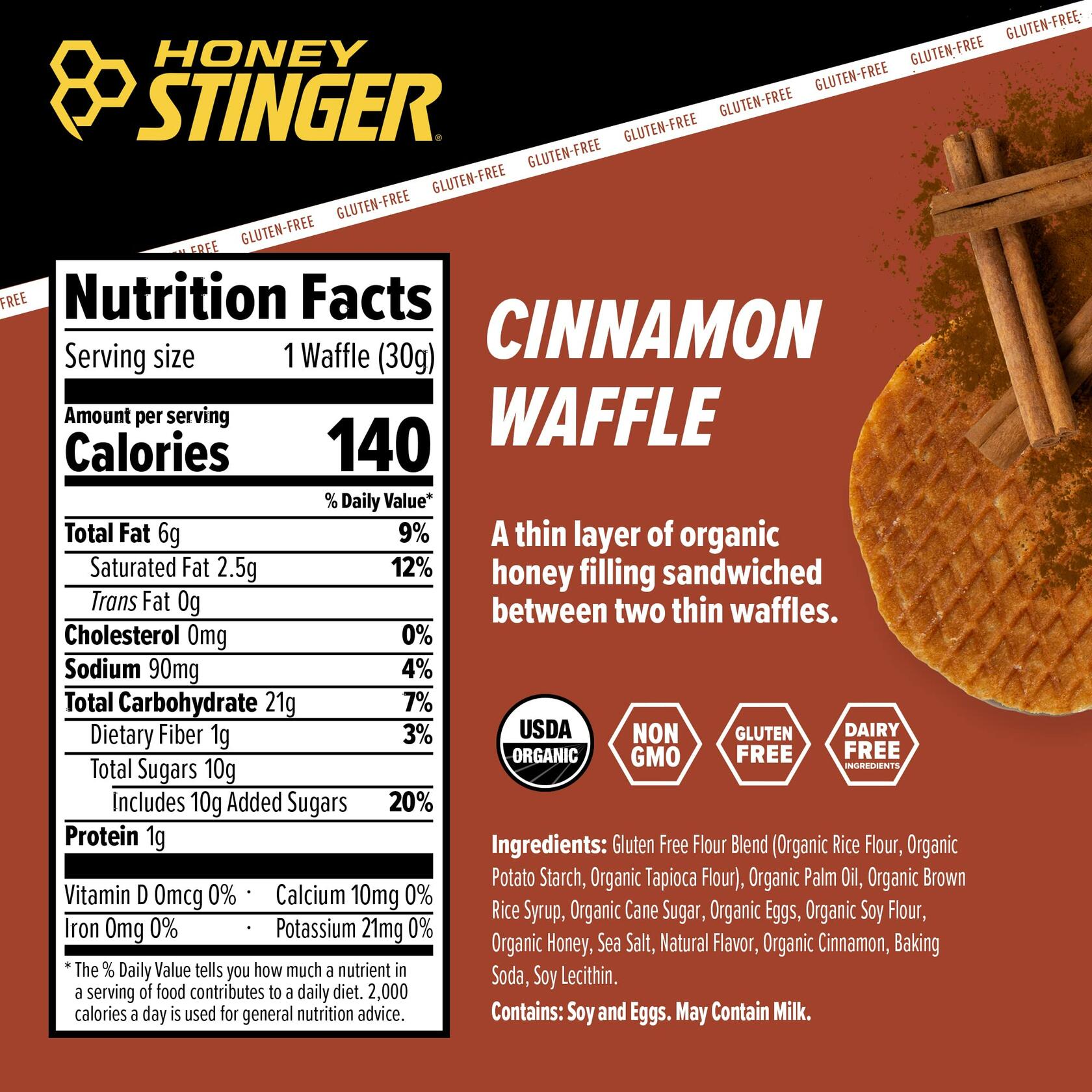 BB08/25 Honey Stinger Organic Cinnamon Waffle Energy Snack Box of 16 16.96oz
