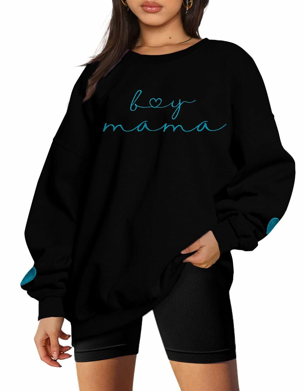 MYHALF Women Mama Oversized Crewneck Sweatshirt Pink Embroidered LS