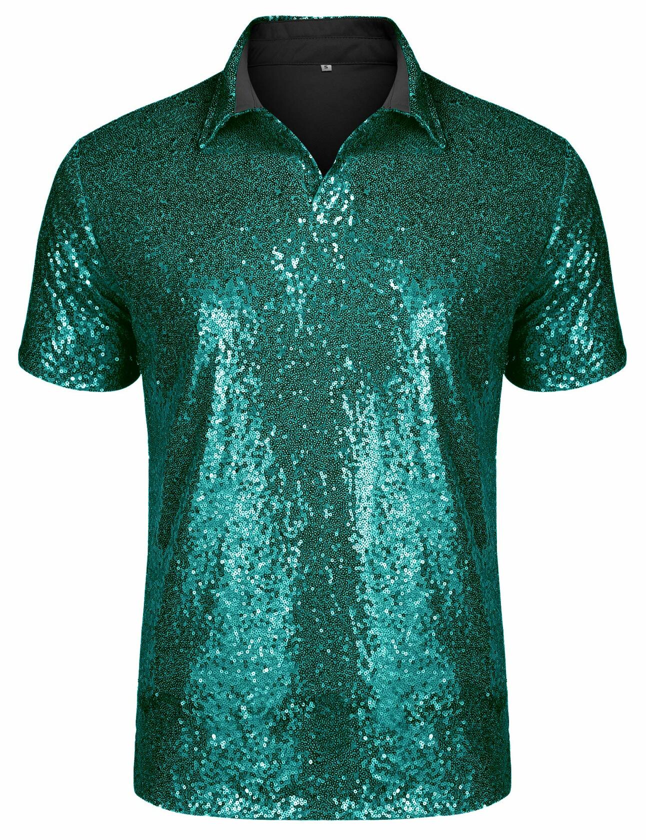 AstoSeu Mens Silver Sequin Dress Shirt Short Sleeve Size XL