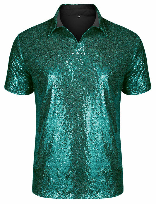 AstoSeu Mens Silver Sequin Dress Shirt Short Sleeve Size XL