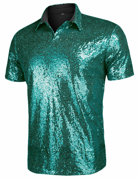 AstoSeu Mens Silver Sequin Dress Shirt Short Sleeve Size XL