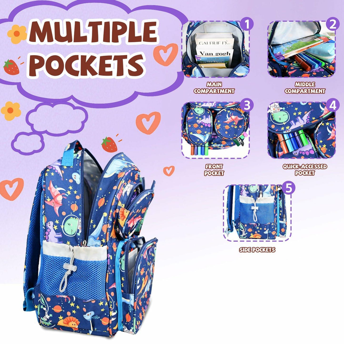 LOKESWEI Toddler Backpack 14" Blue Lightweight Durable Water-Resistant