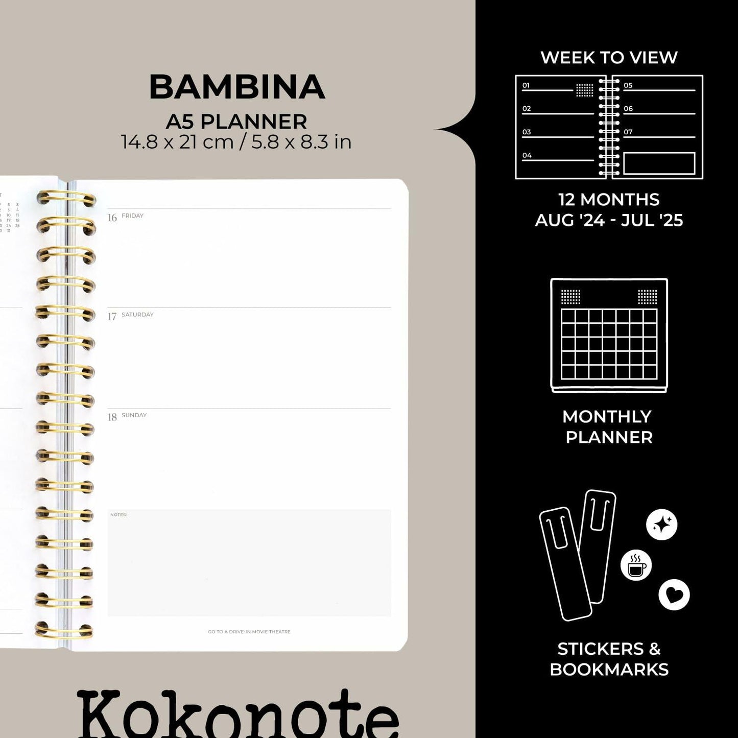 Kokonote Misty Gray A5 Academic Planner 2024-2025 Weekly 12 Months