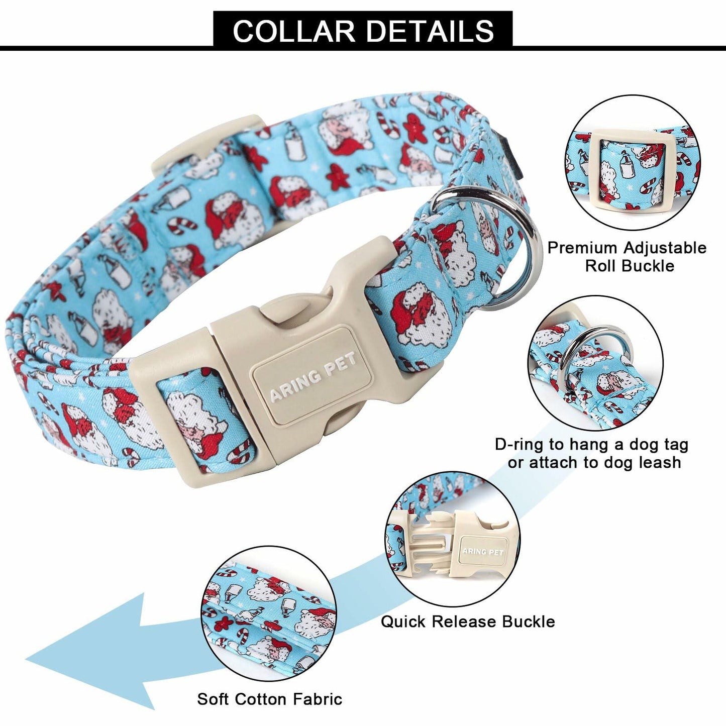 ARING PET Christmas Dog Collar Blue Adjustable Cotton Quick Release Puppy Collar