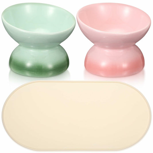 Baderke 2 Pcs Ceramic Raised Cat Bowls Tilted with Non Slip Mat Pink Green