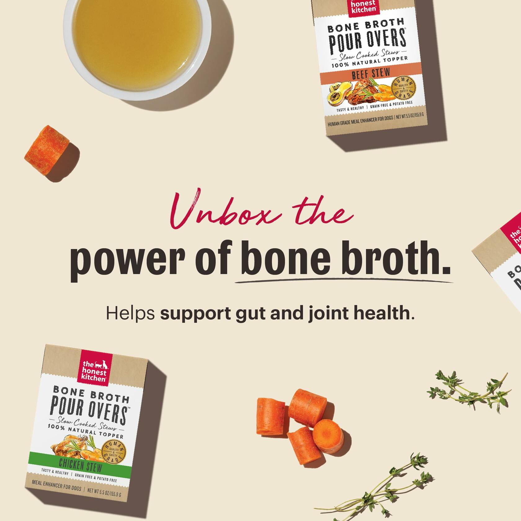 BestBy05/02 The Honest Kitchen Bone Broth Pour Overs 12 Pack 5.5oz Beef Stew