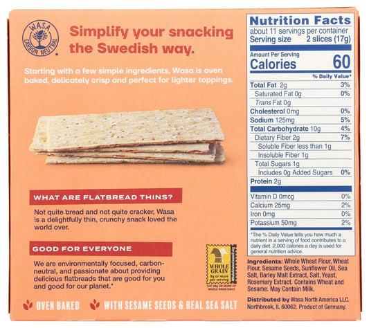 BB03/25 Wasa Flatbread Thins Sesame Sea Salt Crackers 6.7oz Pack of 1