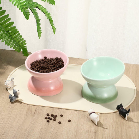 Baderke 2 Pcs Ceramic Raised Cat Bowls Tilted with Non Slip Mat Pink Green