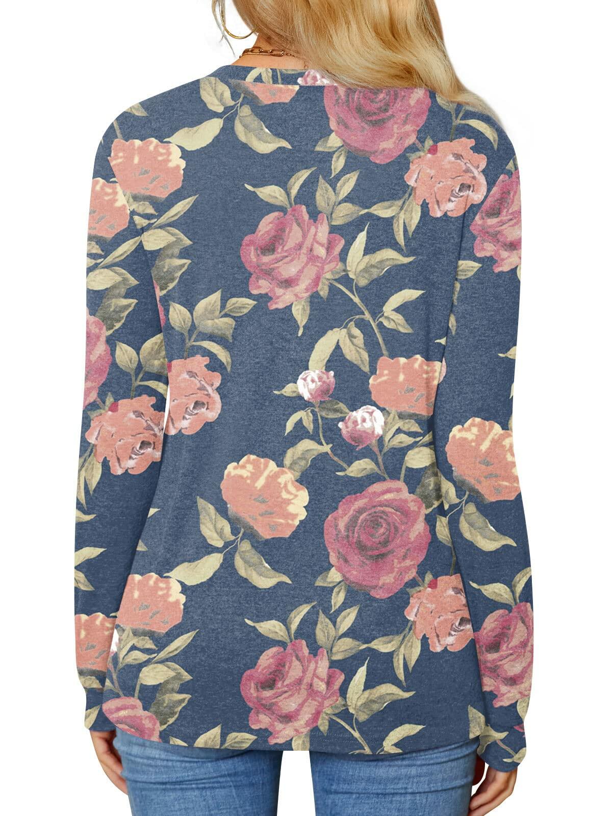 BISHUIGE Womens XL Long Sleeve Henley Tunic Top Blue Red White Roses Size XL