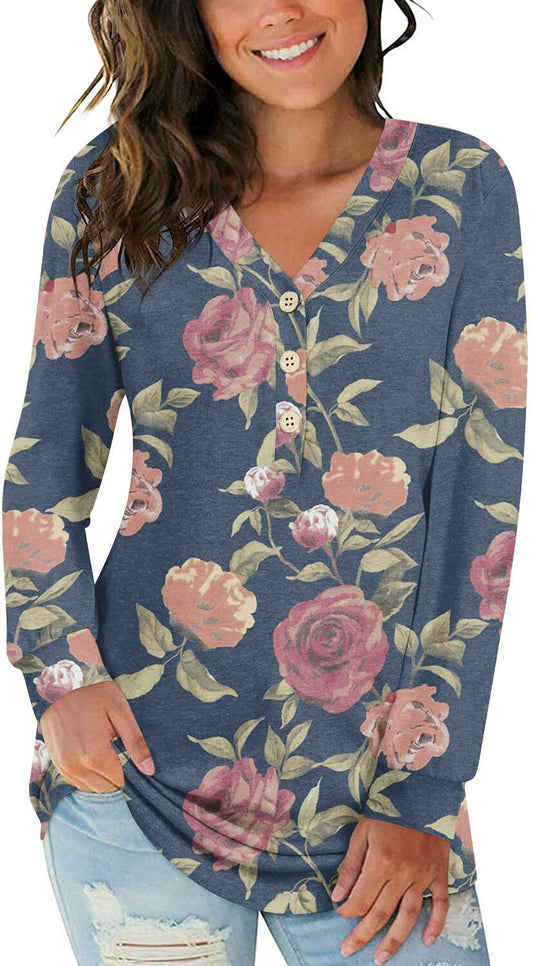 BISHUIGE Womens XL Long Sleeve Henley Tunic Top Blue Red White Roses Size XL
