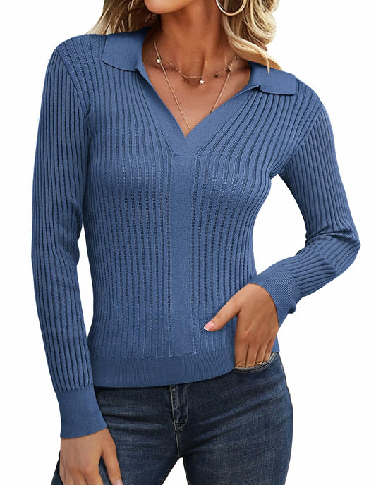 GRACE KARIN Women's 2XL Denim Blue Pullover Sweater V Neck Knit New