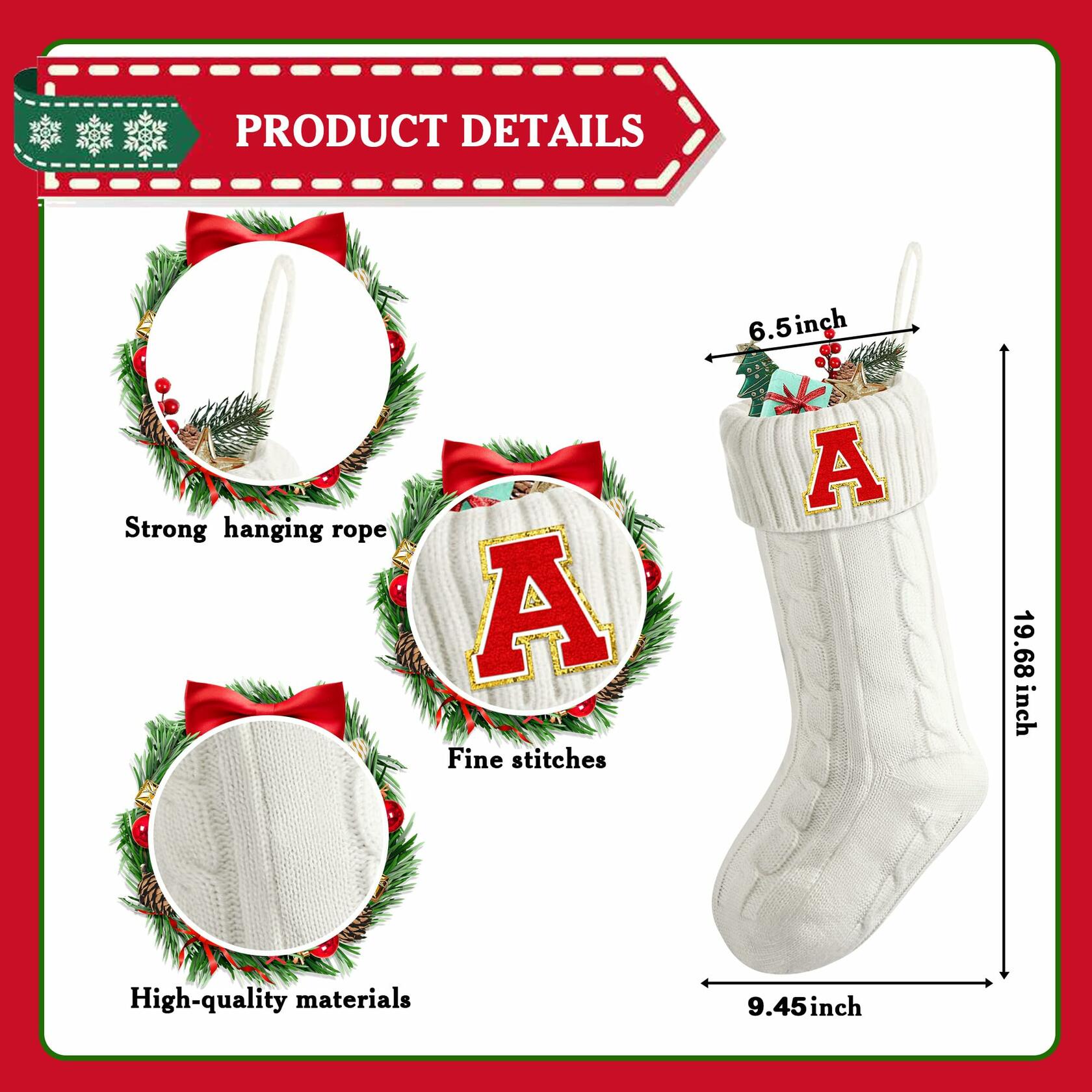 Honeysea 19.68" White Initial Christmas Stocking Vintage Holiday Decoration