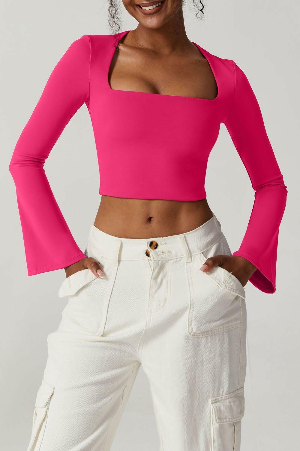 Meyeeka Womens Bell Sleeve Square Neck Crop Top Rose Red S