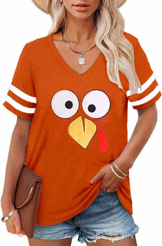 Roshop Women's V Neck Turkey Thanksgiving Shirt Short Sleeve TUO L