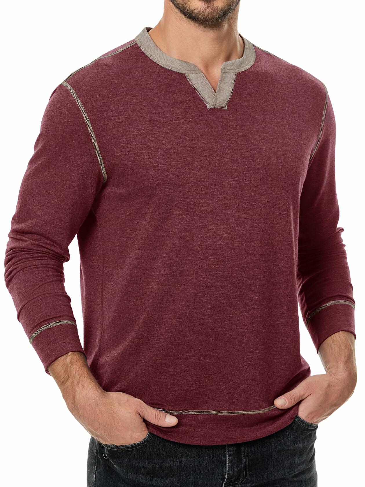 JMIERR Men's Henley Shirt Red Long Sleeve V Neck Lightweight Size 2XL
