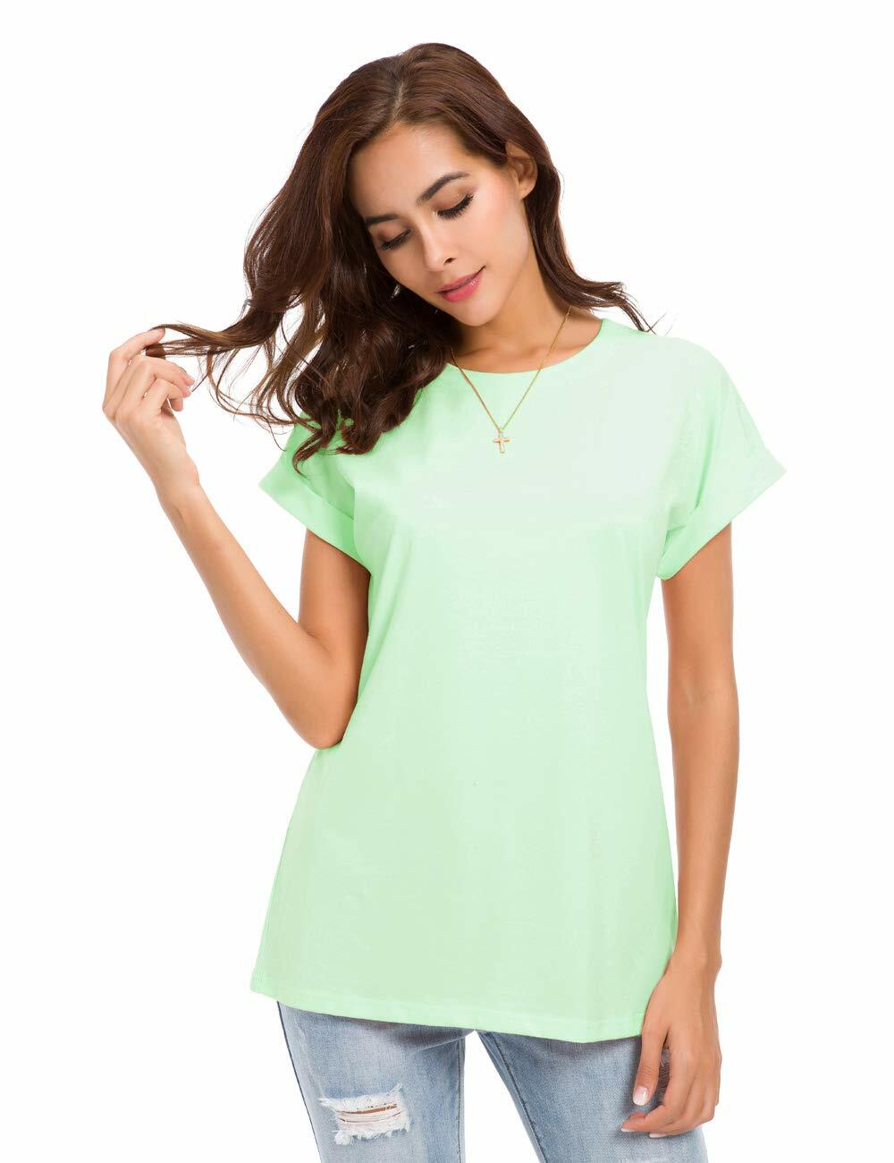MSHING Women's Simple Crew Neck Plain Loose T-Shirt Light Green Size L Casual