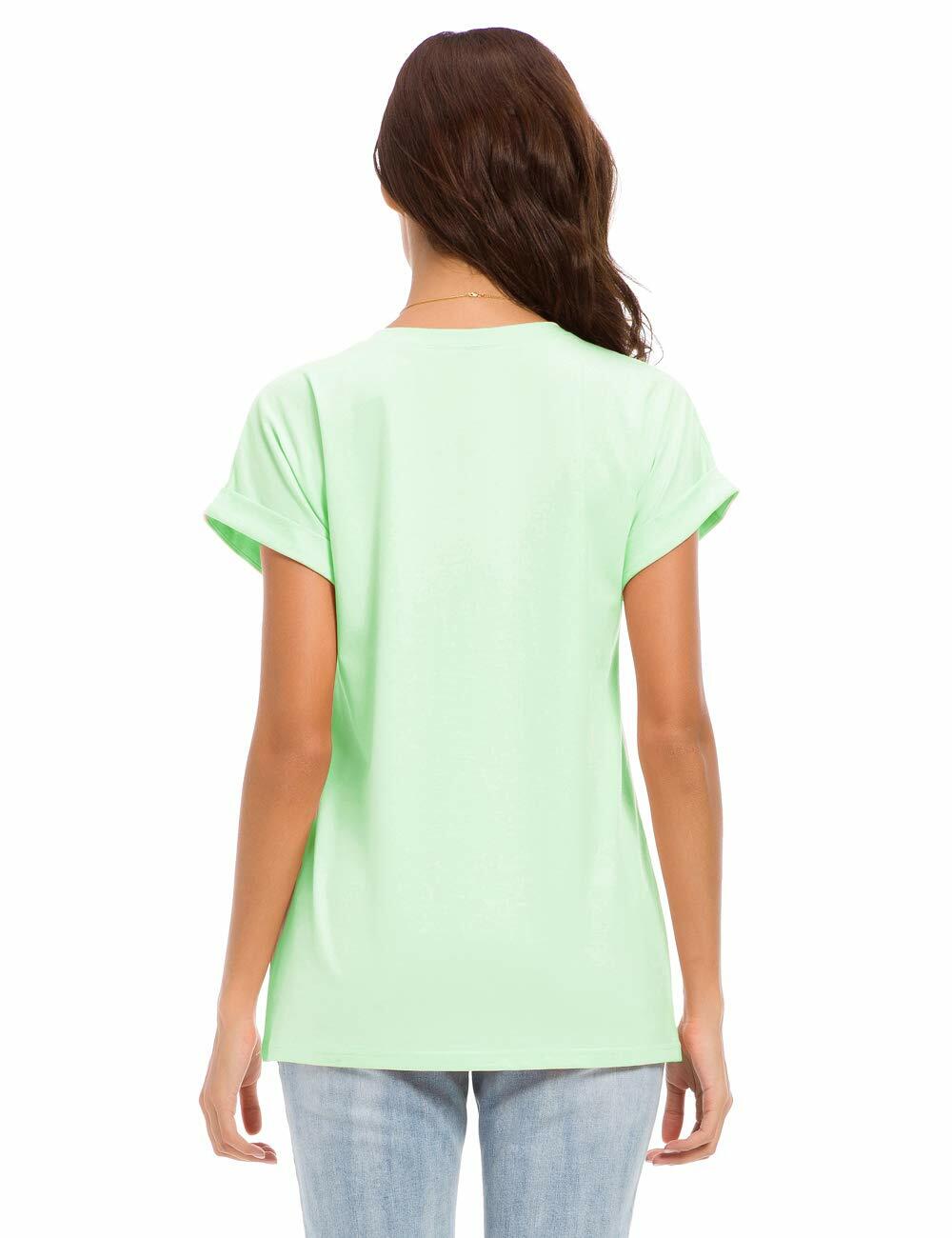 MSHING Women's Simple Crew Neck Plain Loose T-Shirt Light Green Size L Casual