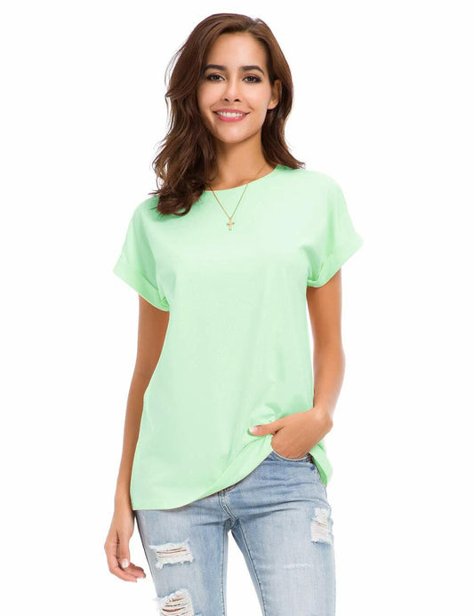 MSHING Women's Simple Crew Neck Plain Loose T-Shirt Light Green Size L Casual