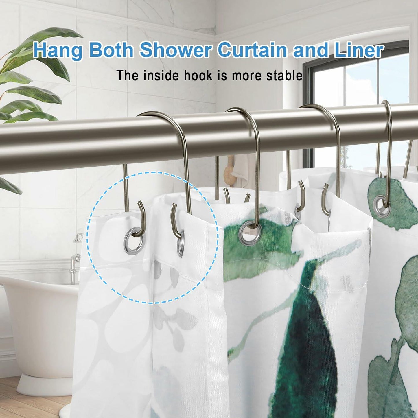 TENOVEL 24-Pack Stainless Steel Double Shower Curtain Hooks Rust Proof