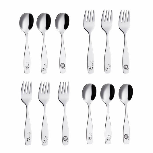 ANNOVA Kids 12pc Stainless Steel Silverware Safari Animals Etched Flatware