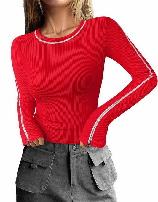 OQQ Women's Red Long Sleeve Crew Neck Shirt Sexy Zipper Size S