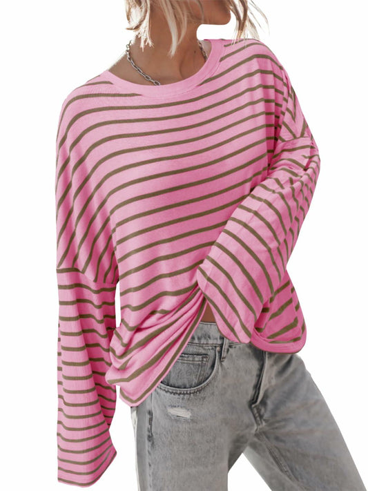 BZB Womens Beige Striped Long Sleeve Shirt Oversized Tunic Top M
