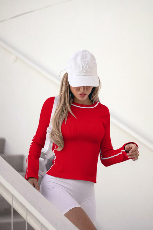 OQQ Women's Red Long Sleeve Crew Neck Shirt Sexy Zipper Size S