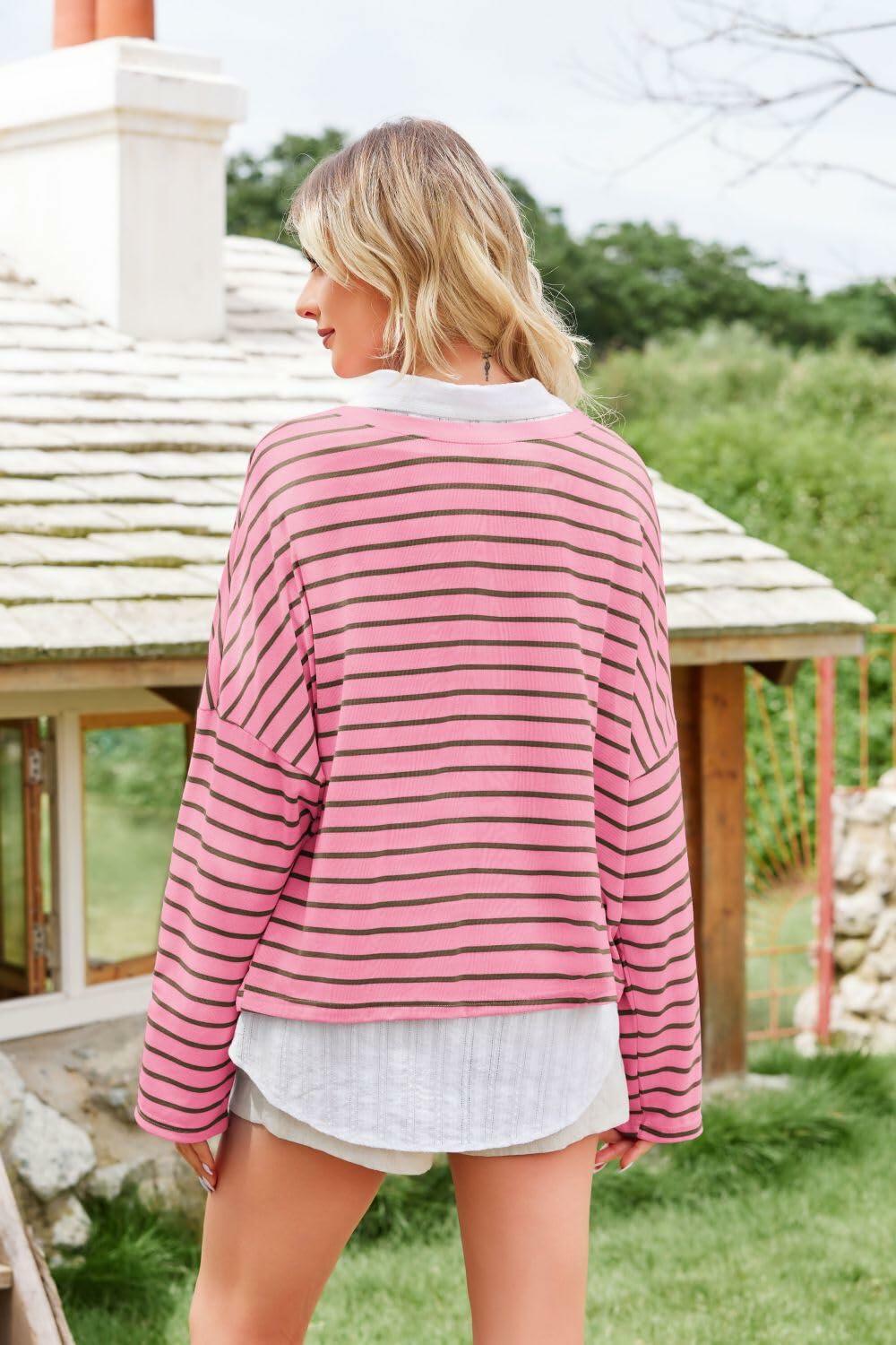 BZB Womens Beige Striped Long Sleeve Shirt Oversized Tunic Top M