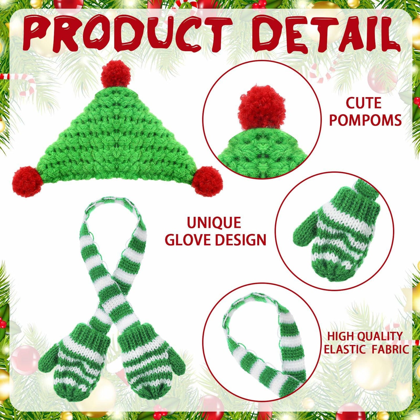 Geyoga 8 Pc Mini Knit Doll Hats & Scarves Set Mini Santa Hats Red White Green