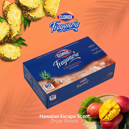 Clorox Fraganzia Dryer Sheets Hawaiian Escape Scent 80 Count Wrinkle-Reducing