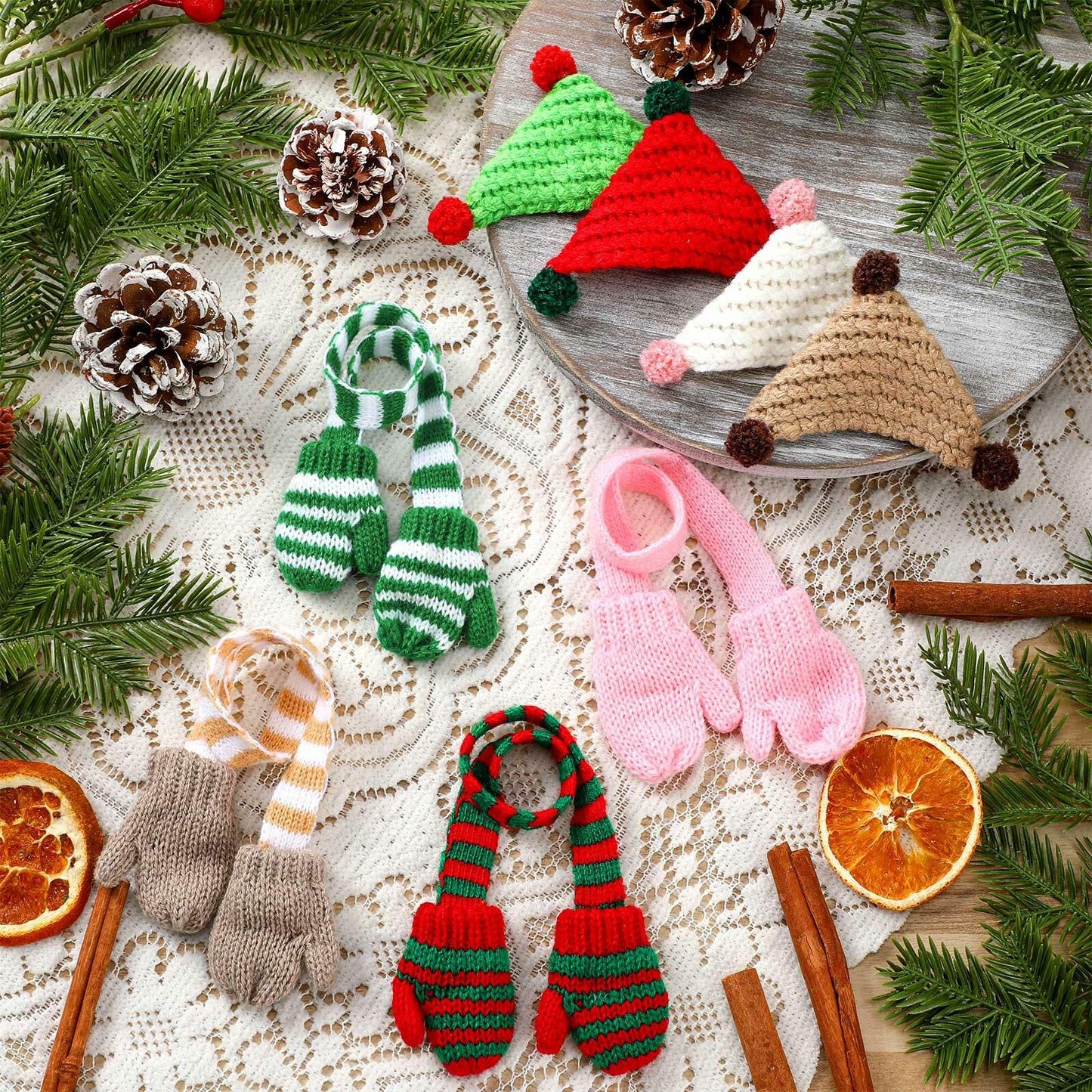 Geyoga 8 Pc Mini Knit Doll Hats & Scarves Set Mini Santa Hats Red White Green