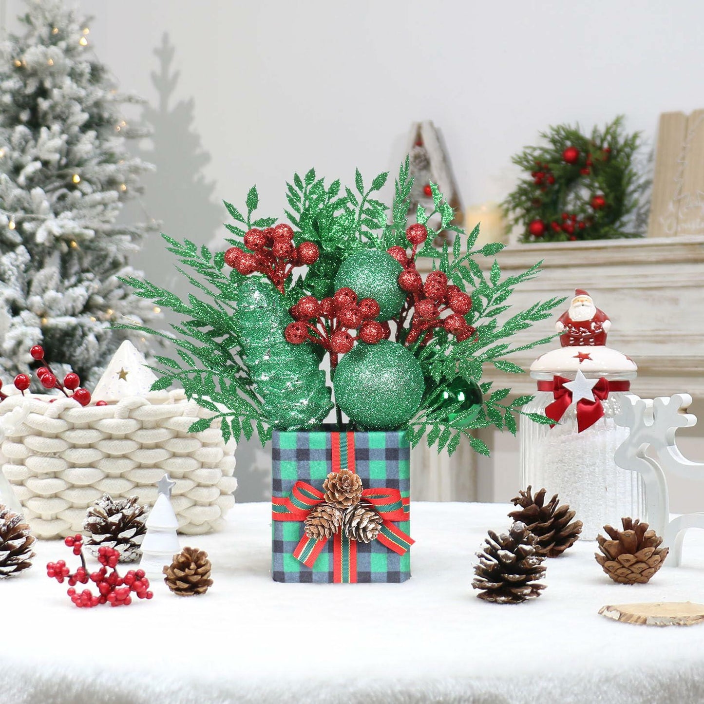 Super Holiday Mini Buffalo Check Plaid Green Glitter Christmas Tree - Tabletop