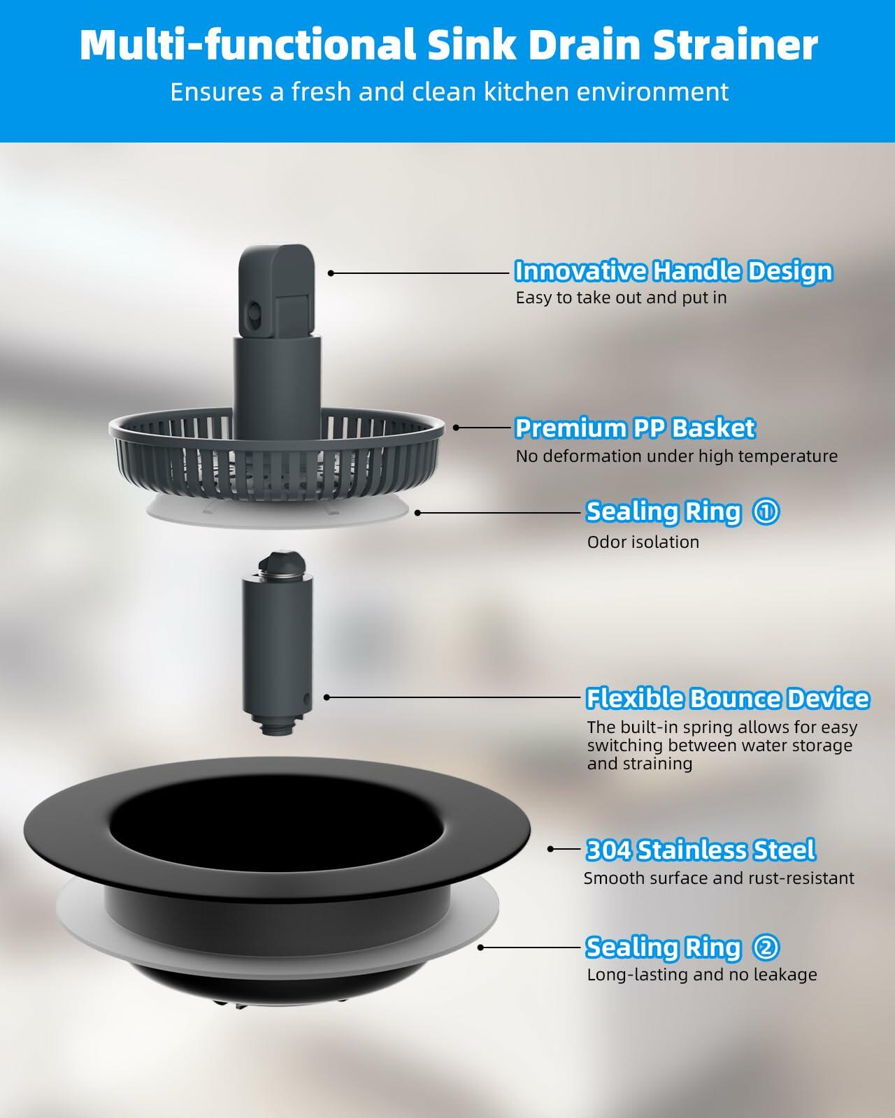 Hibbent 3-in-1 Kitchen Sink Drain Strainer Stopper Combo Black Stainless 1 Pack