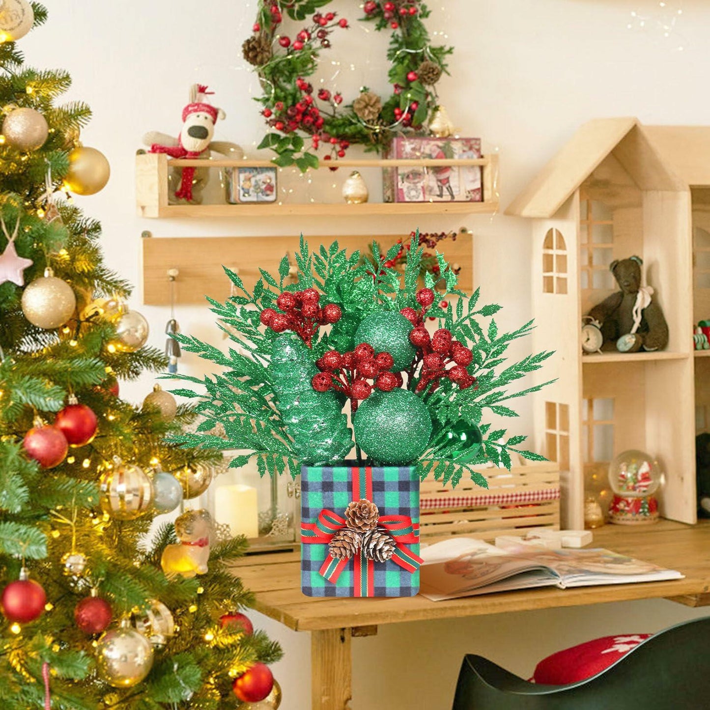 Super Holiday Mini Buffalo Check Plaid Green Glitter Christmas Tree - Tabletop
