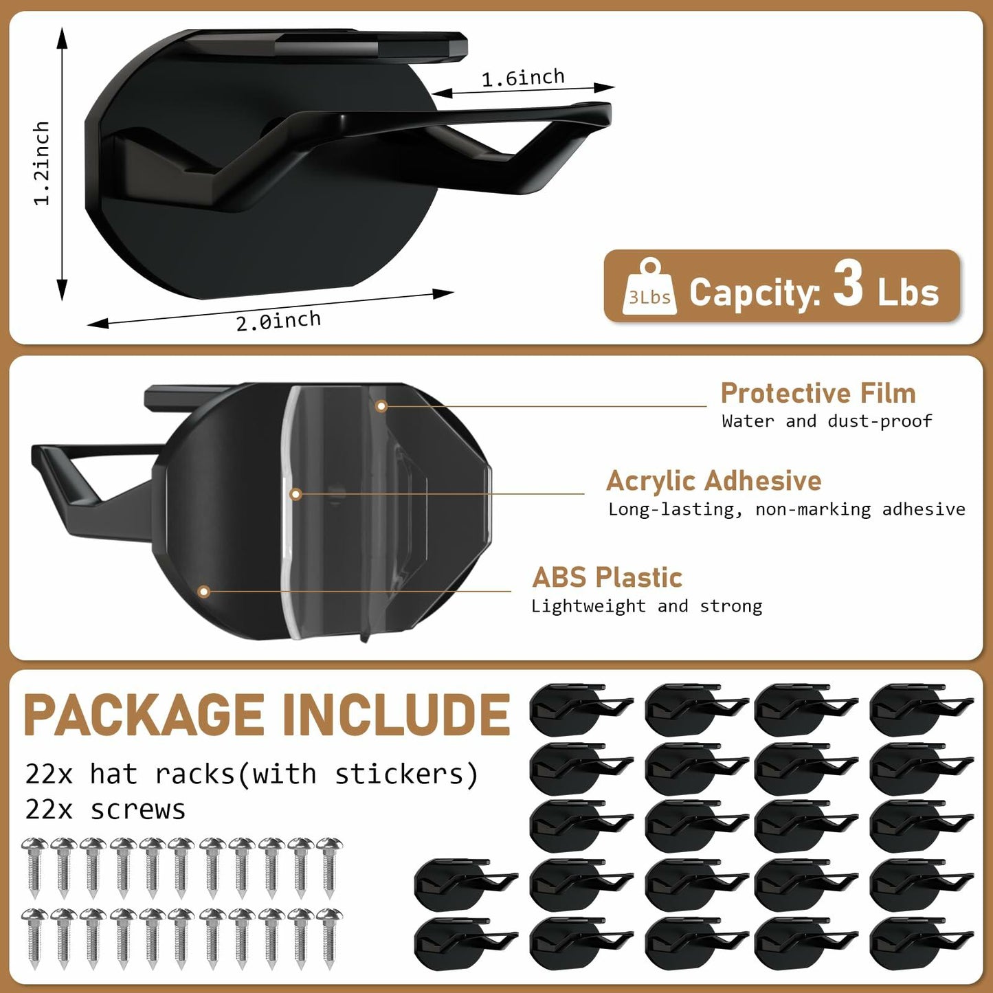 22 Pack Adhesive Hat Hooks Black - Super Strong Wall Mount Hat Rack No Drilling