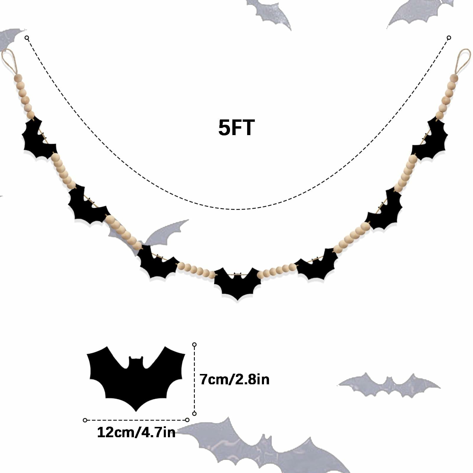Gvhntk Black Felt Bats Garland Halloween Decor Indoor Banner Wood Beads
