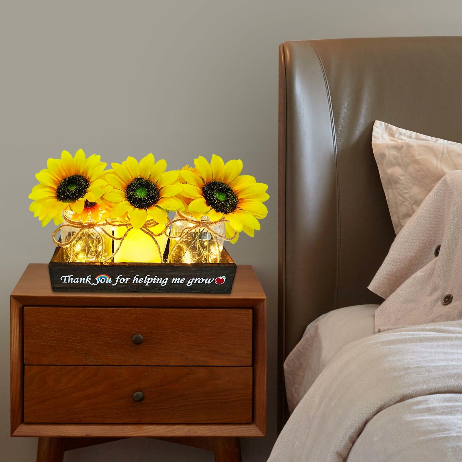 Golden Mason Jar Centerpiece Wood Tray Sunflowers Teacher Appreciation Gift